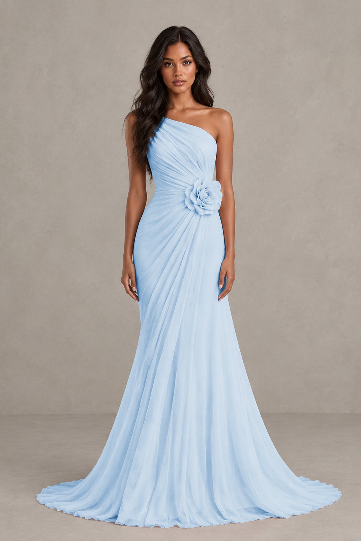 BOLODOO Light Blue One-Shoulder Floral Ruched Maxi Dress - Light Blue