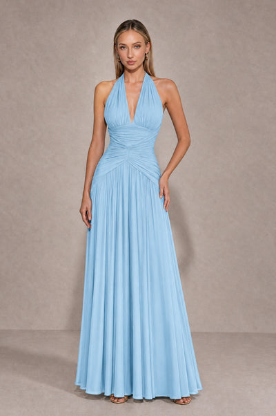 BOLODOO Light Blue Chiffon Halter Deep V-Neck Ruched A-Line Backless Maxi Dress with Train-BD0167 - Light Blue - Light Blue_1