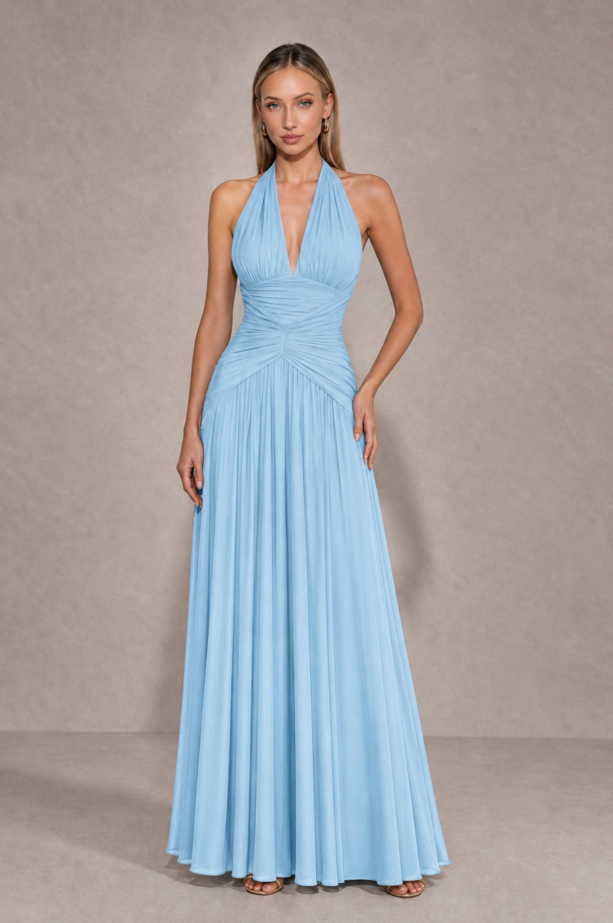 BOLODOO Light Blue Chiffon Halter Deep V-Neck Ruched A-Line Backless Maxi Dress with Train-BD0167 - Light Blue - Light Blue_1