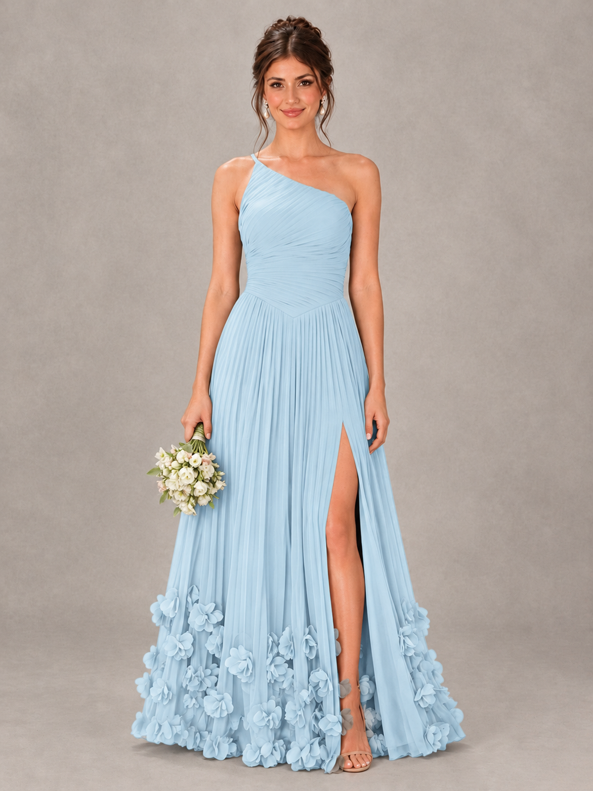BOLODOO Light Blue One-Shoulder Pleated Bridesmaid Dress with 3D Floral Hem - Light Blue - Light Blue_1