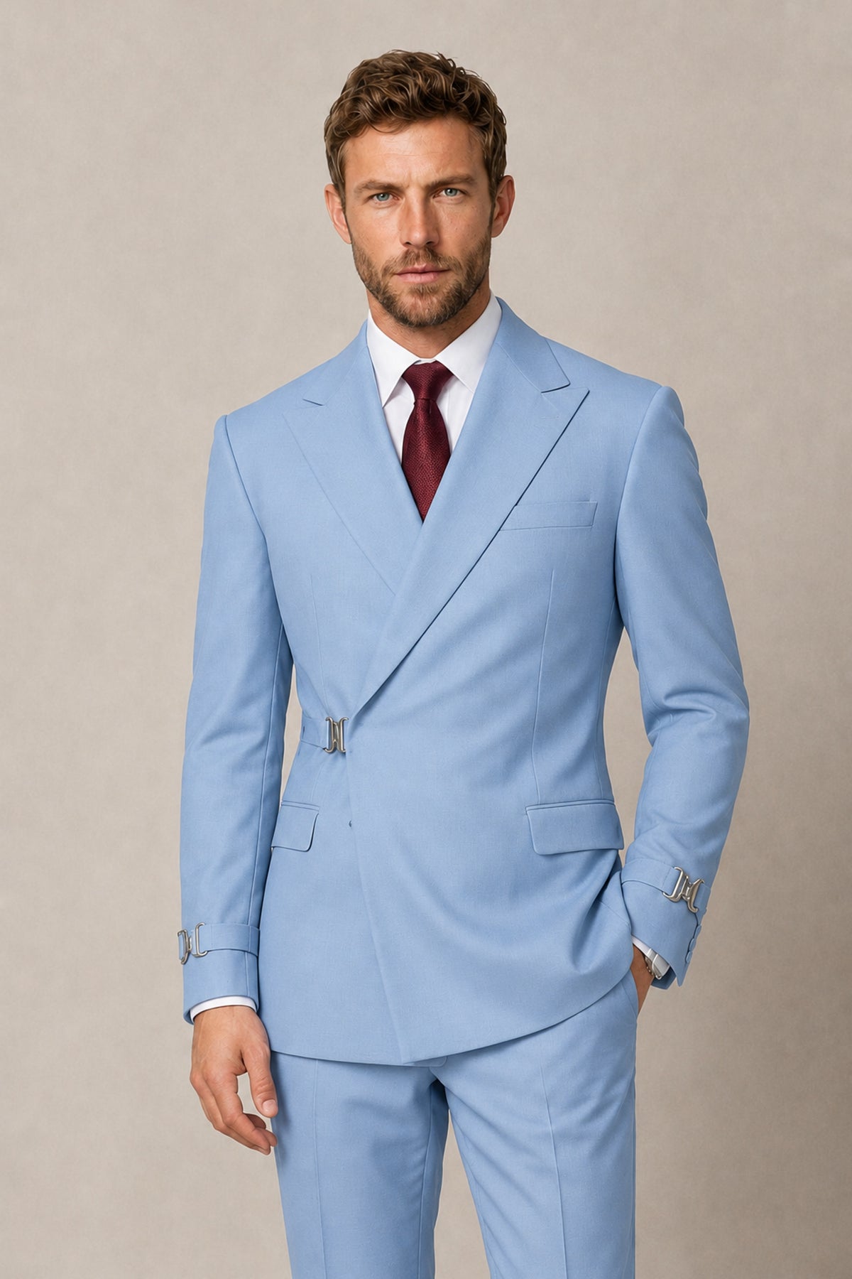 BOLODOO Men's Light Blue Double-Breasted 2-Piece Suit Set – Blazer & Tailored Trousers - Light Blue