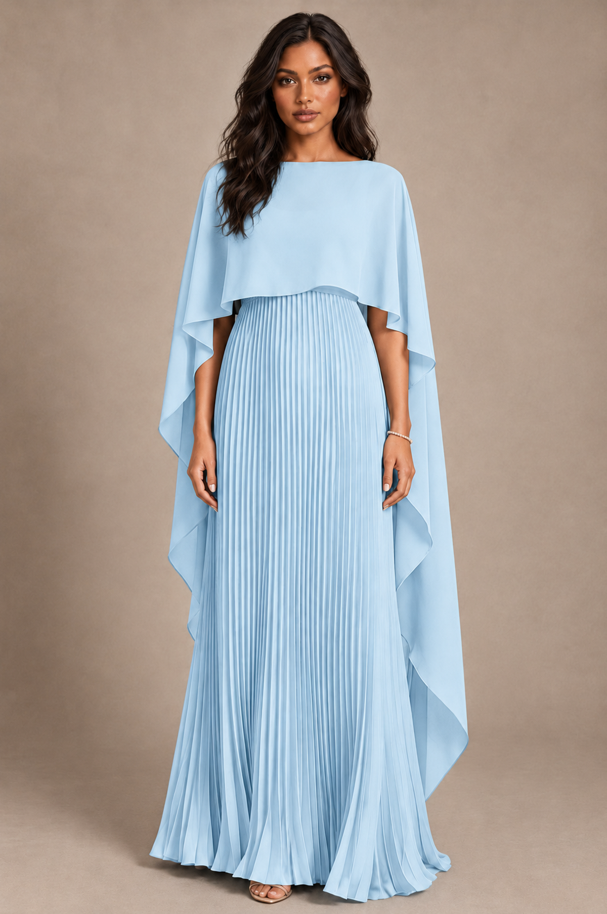 BOLODOO Light Blue Pleated Cape A-Line Evening Dress - Light Blue - Light_Blue_1