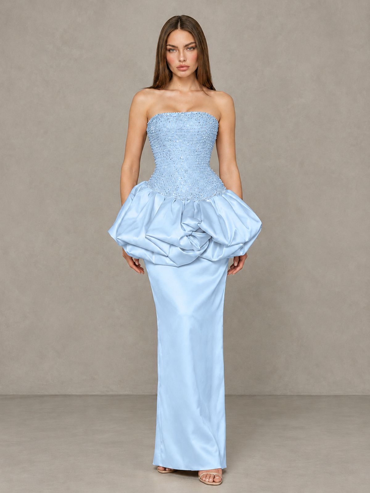 BOLODOO Light Blue Strapless Embellished Bubble Peplum Evening Dress - Light Blue - Light Blue_1