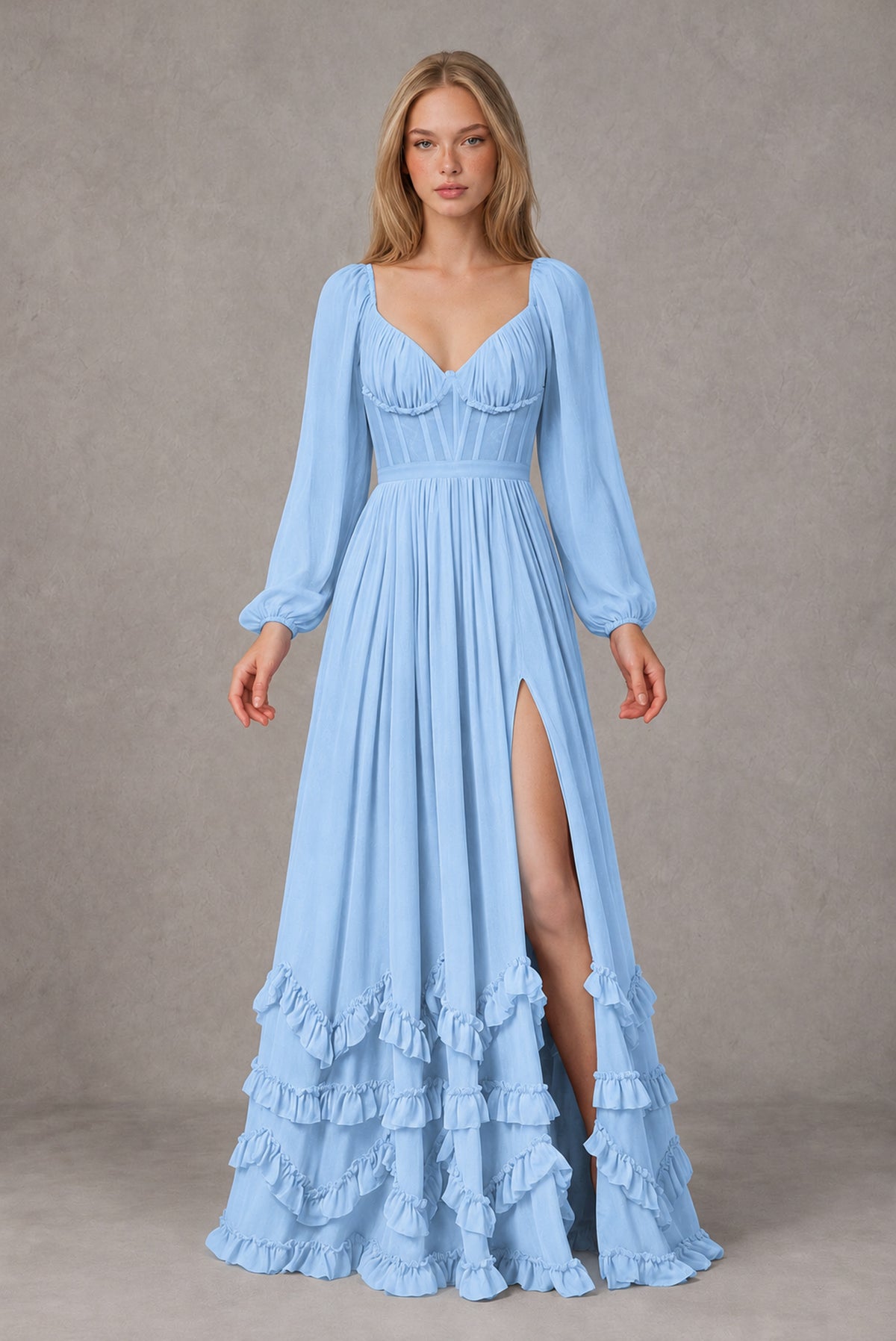Light Blue Long-Sleeve Ruffle Maxi Dress with Lace-Up Back and Slit - Light Blue