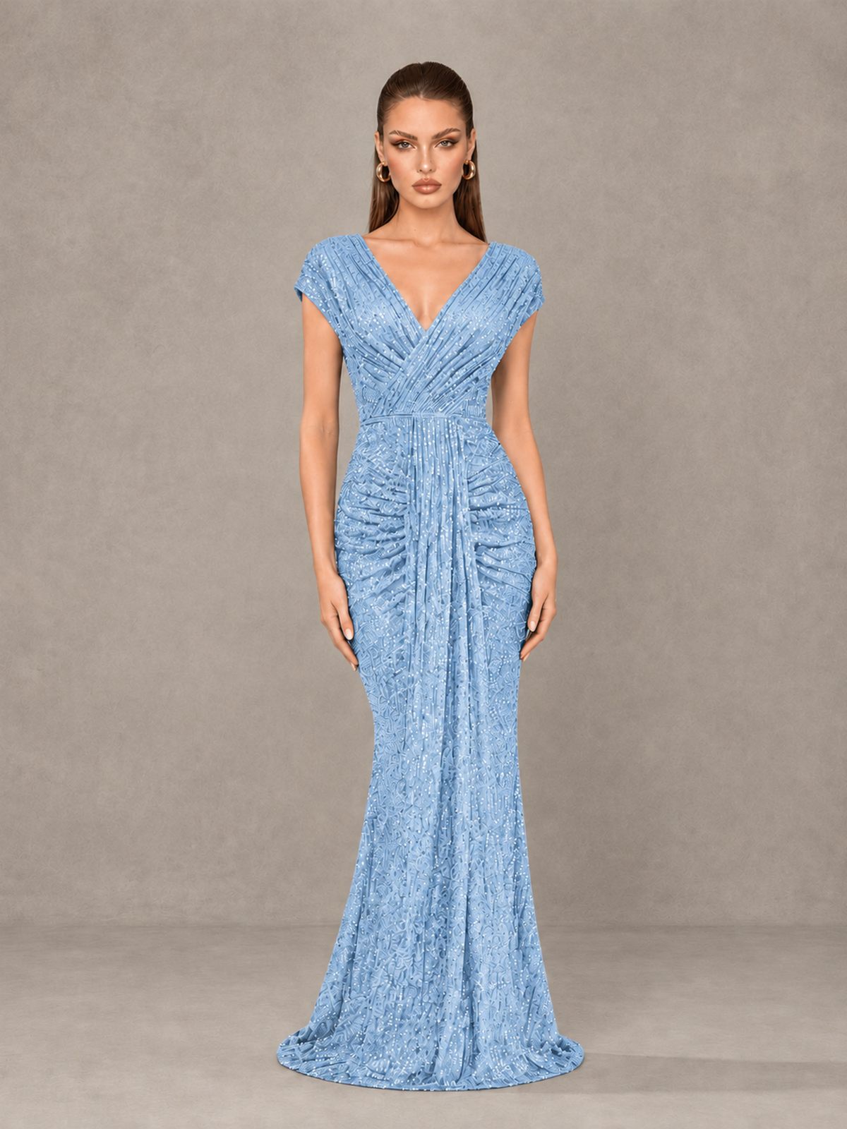 BOLODOO Light Blue Glitter V-Neck Cap Sleeve Ruched Mermaid Evening Gown - Light Blue - Light Blue_1