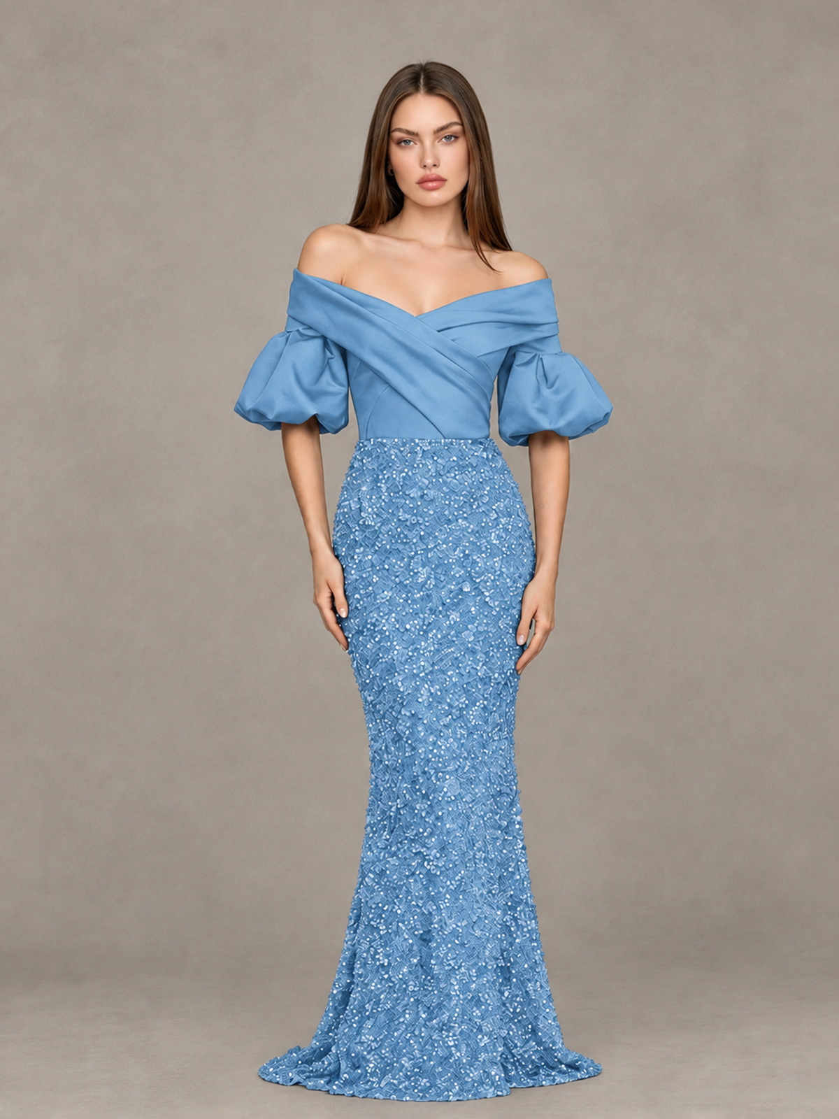 BOLODOO Light Blue Off-Shoulder Puff Sleeve Sequin Mermaid Evening Dress - Light Blue - Light Blue_1