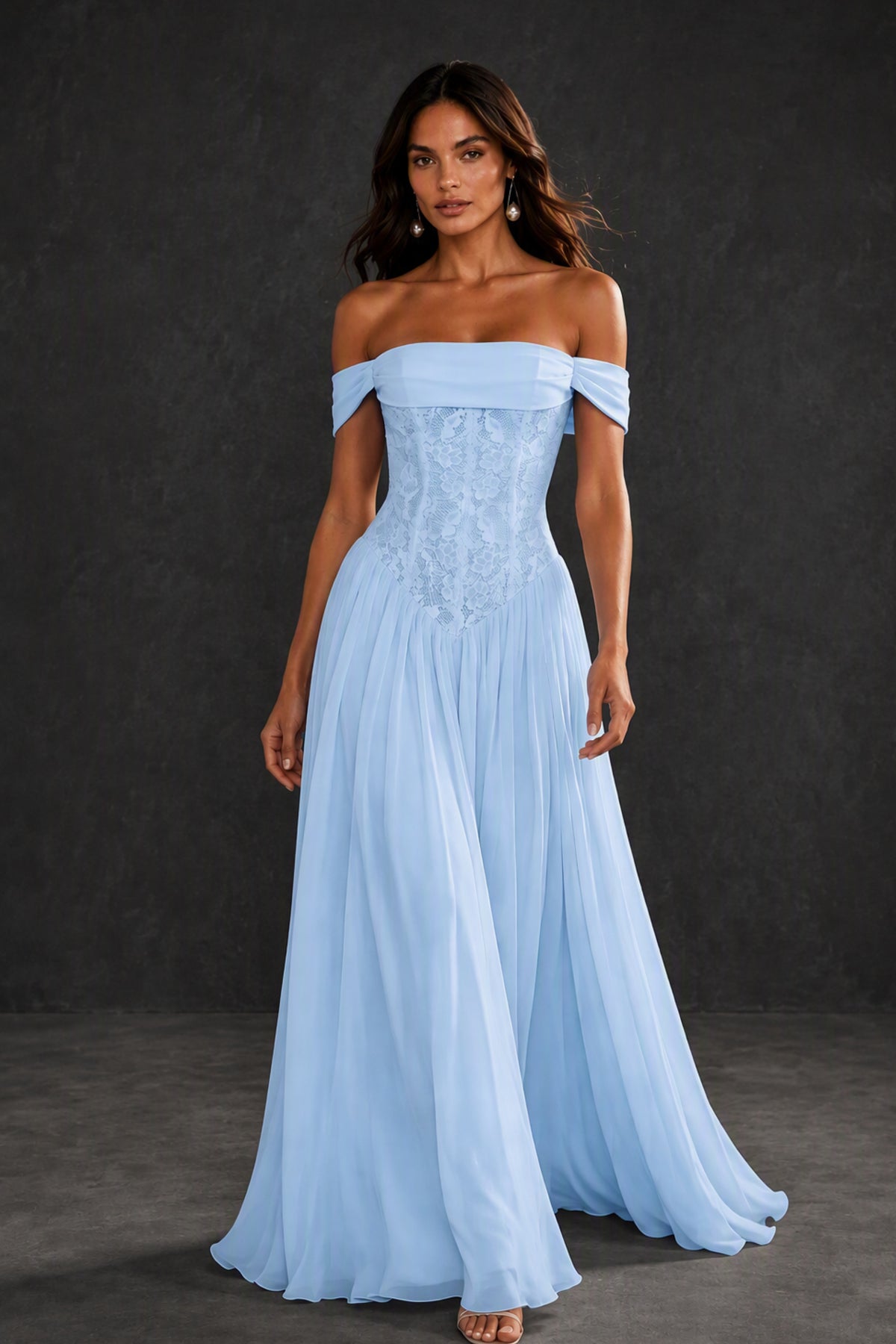 BOLODOO Light Blue Off-Shoulder Lace Corset Tulle Maxi Dress - Light Blue