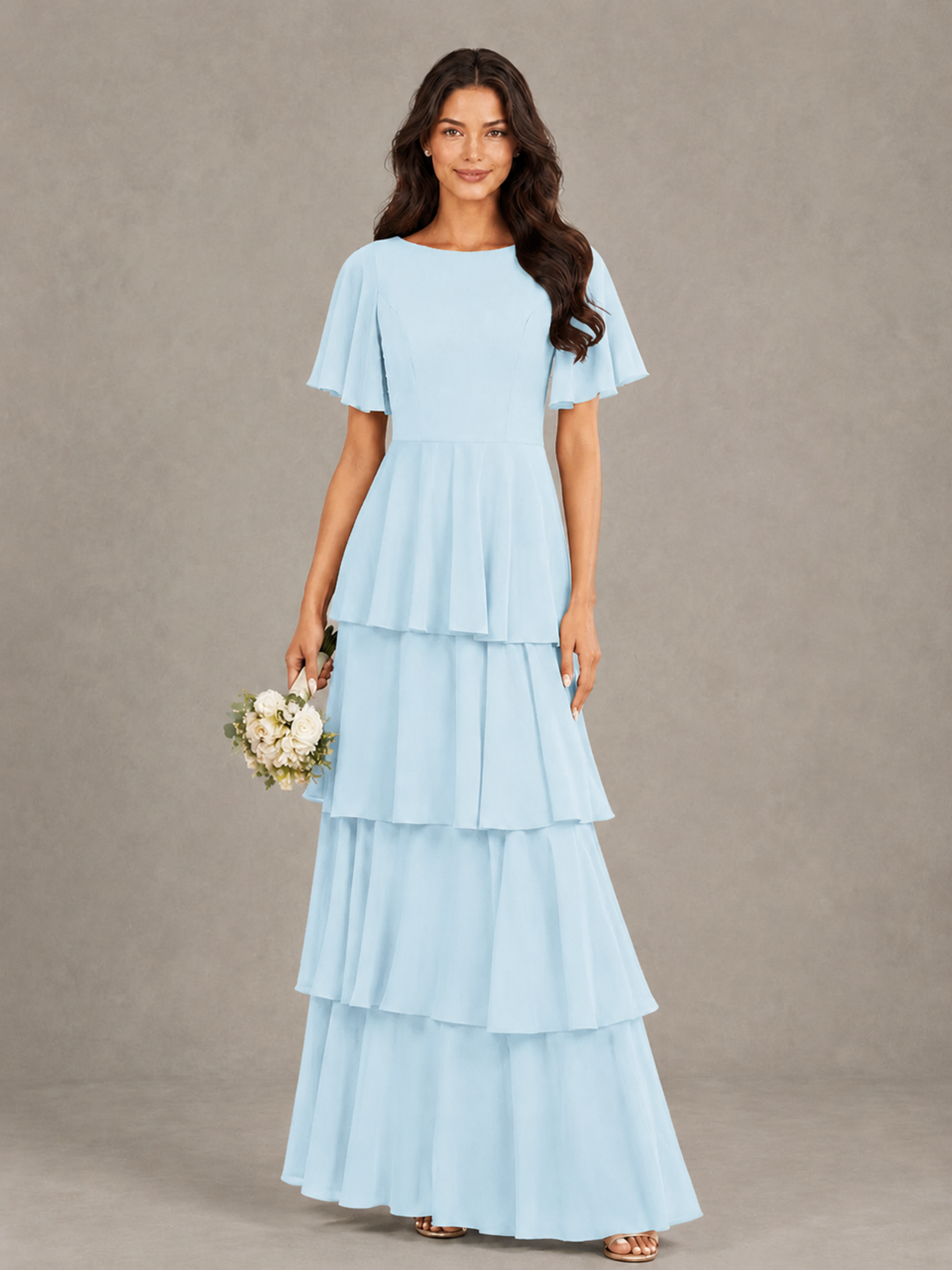 BOLODOO Light Blue Tiered Flutter Sleeve Bridesmaid Dress - Light Blue - Light Blue_1