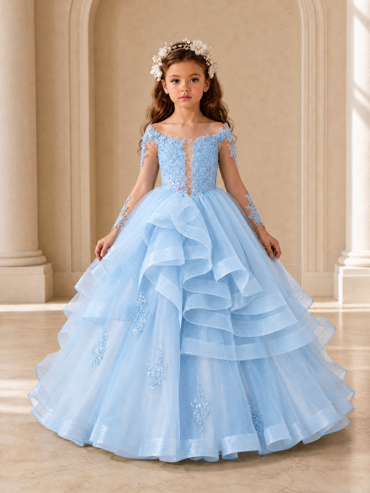BOLODOO Light Blue Lace Long Sleeve Tiered Flower Girl Dress - Light Blue - Light_Blue_1