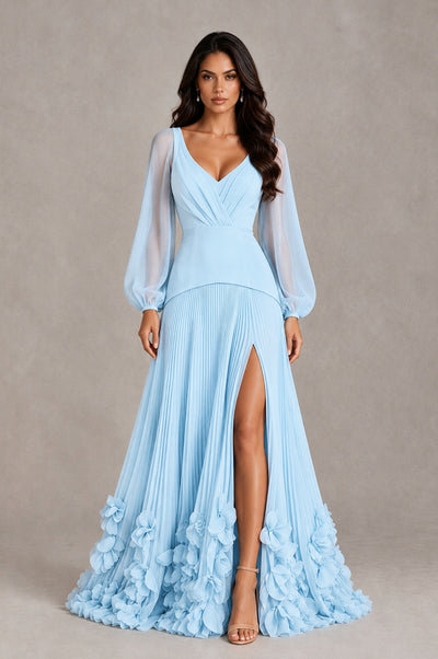 BOLODOO Light Blue V-Neck Long Sleeve Pleated Floral Hem Evening Dress - Light Blue - Light Blue_1