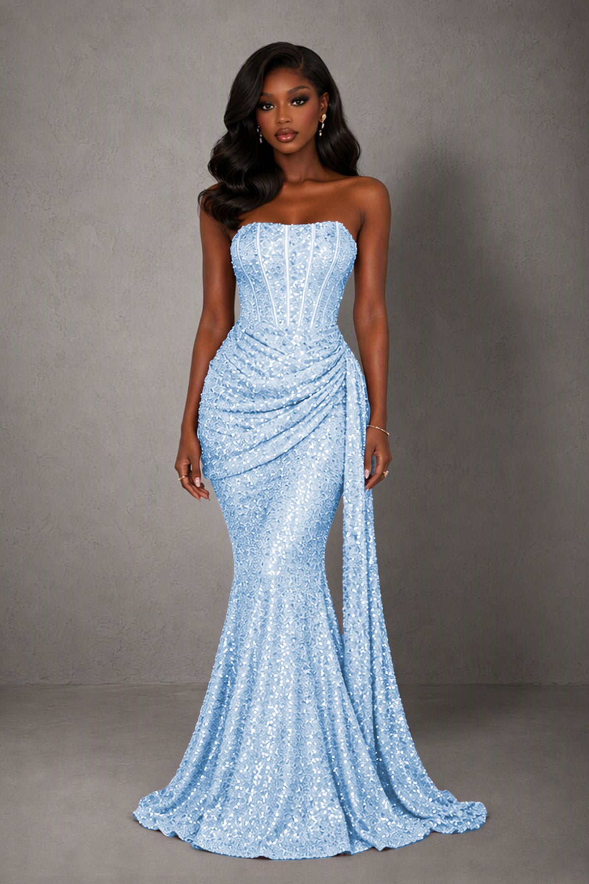 BOLODOO Light Blue Sequin Strapless Corset Mermaid Evening Gown with Train - Light Blue