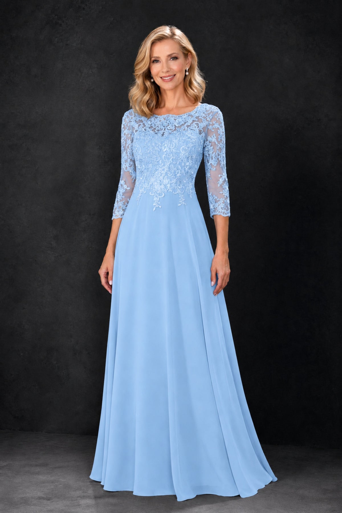 BOLODOO Light Blue Lace Embroidered Mother of the Bride Dress with 3/4 Sleeves - Light Blue