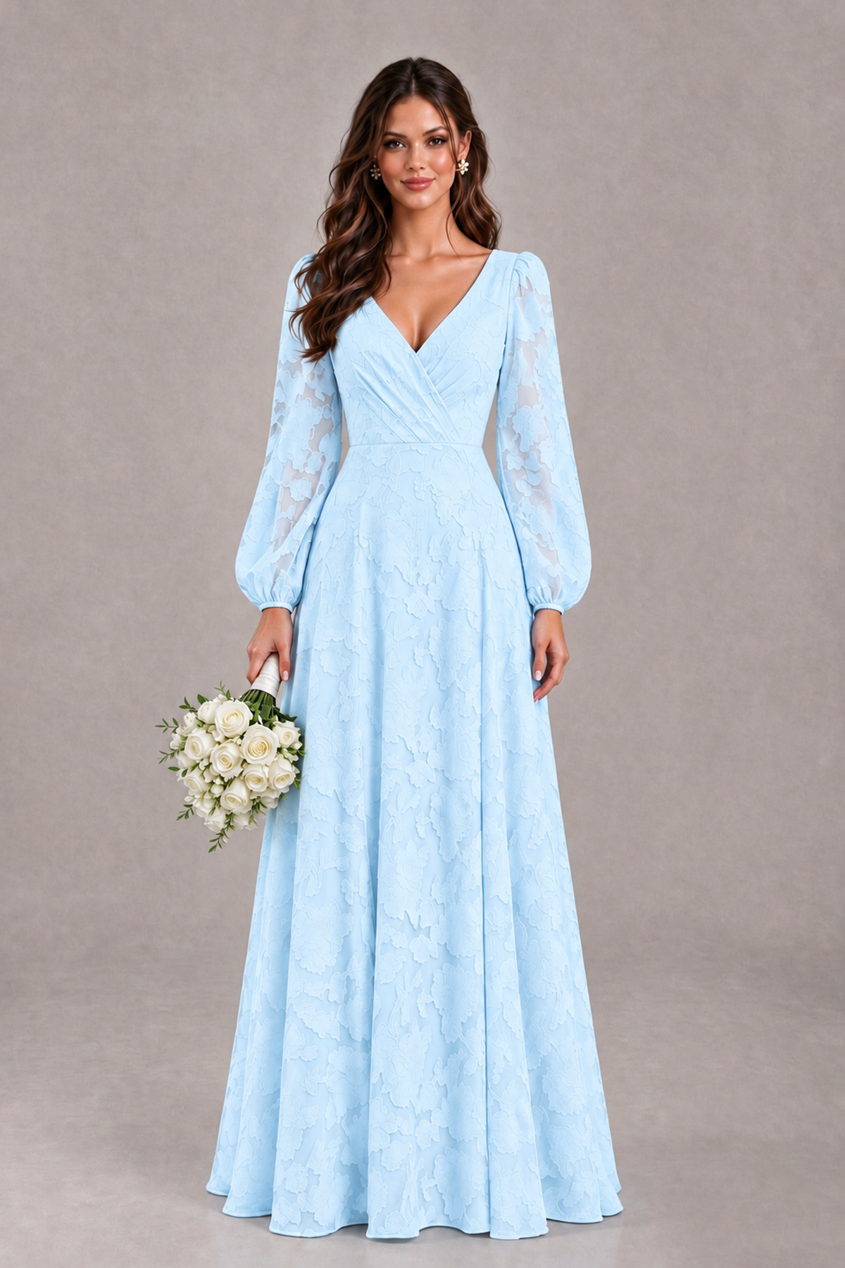 BOLODOO Light Blue Long Sleeve V-Neck A-Line Mother of the Bride Dress - Light Blue - Light Blue_1
