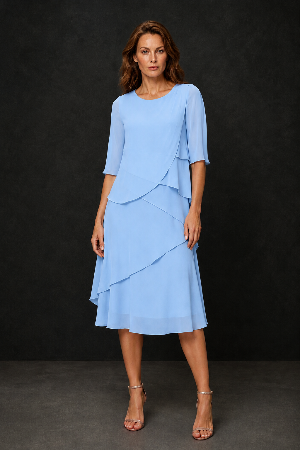 BOLODOO Light Blue Chiffon 3/4 Sleeve Asymmetric Tiered Tea Length Dress | Mother of the Bride Midi Dress - Light Blue