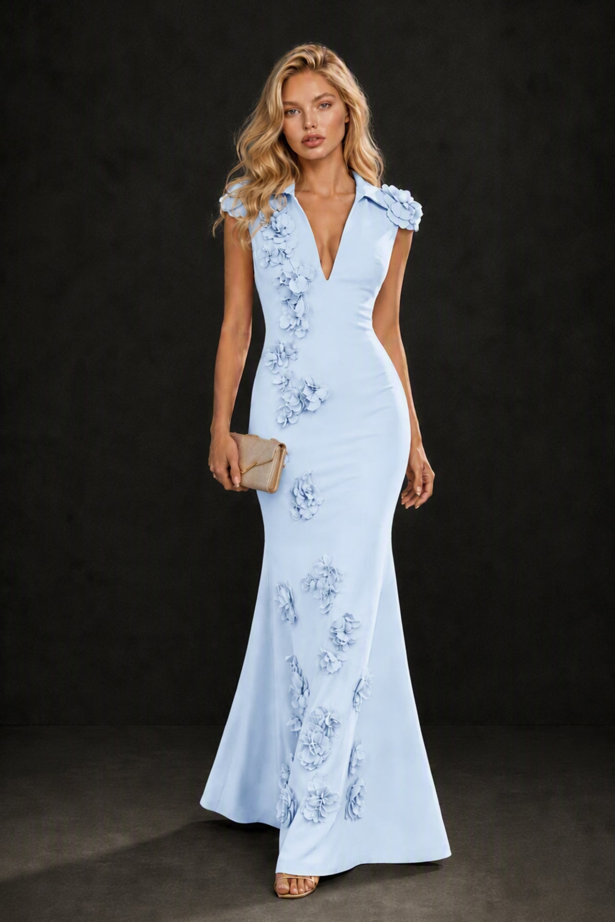 BOLODOO Light Blue 3D Floral Appliqué Deep V-Neck Cap Sleeve Mermaid Gown - Light Blue