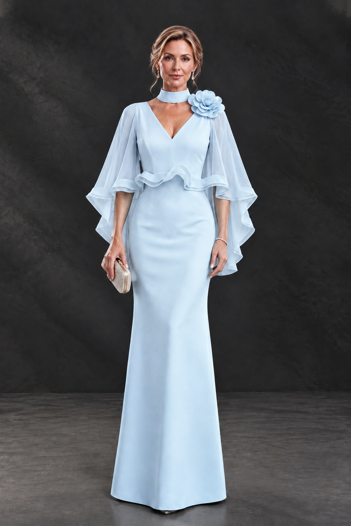 BOLODOO Light Blue Floral Cape Sleeve Mother of the Bride Dress - Light Blue - Light_Blue_1