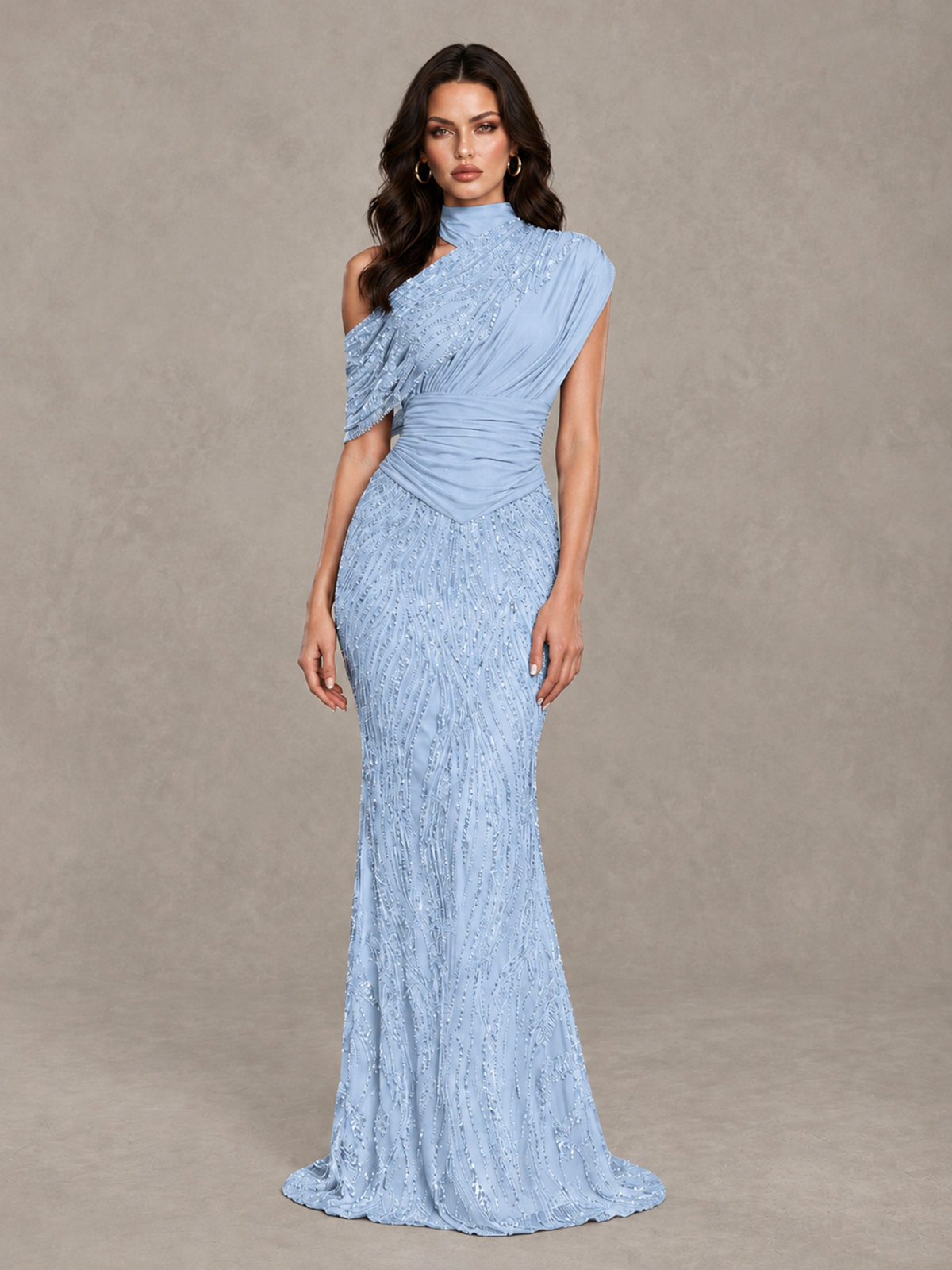 BOLODOO Light Blue High Neck Draped Sequin Mermaid Evening Gown - Light Blue - Light Blue_1