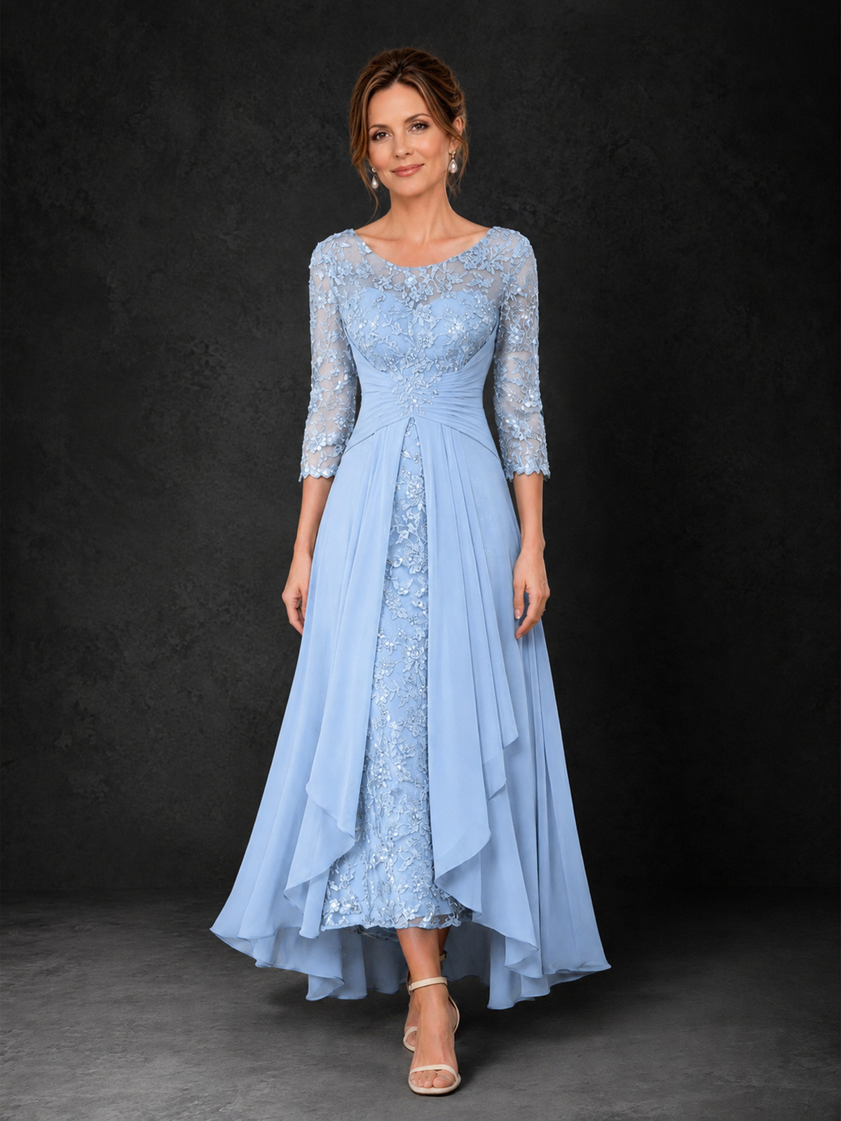 BOLODOO Light Blue Sequin Lace & Chiffon Tea-Length Mother of the Bride Dress with 3/4 Sleeves - Light Blue
