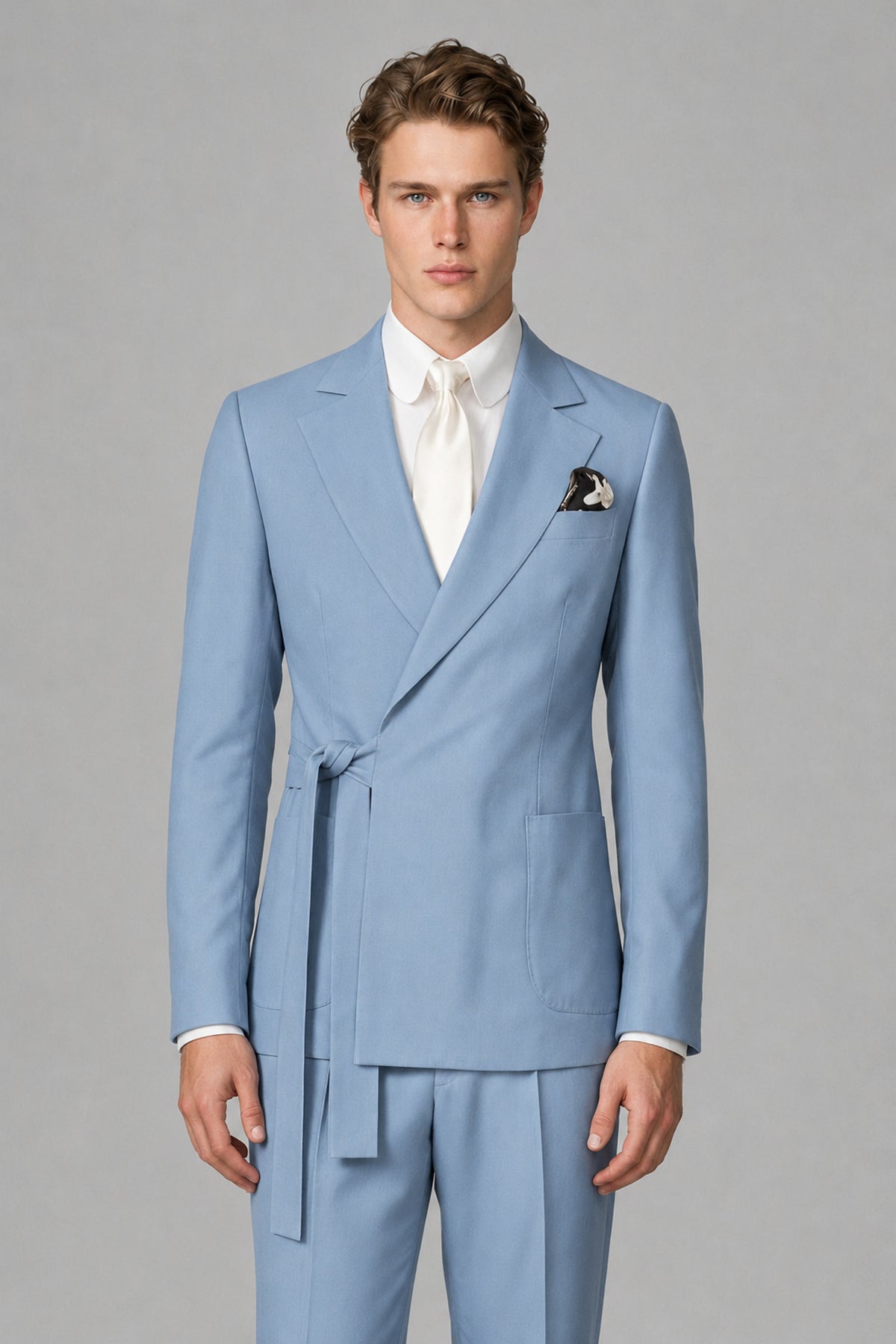 Bolodoo Men's Light Blue Wrap Tie-Waist Two-Piece Suit – Jacket & Trousers - Light Blue - Light Blue_1