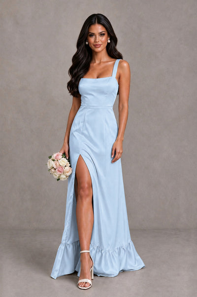 BOLODOO Light Blue Square Neck Satin Evening Dress with Lace-Up Back and High Slit - Light Blue - Light Blue_1