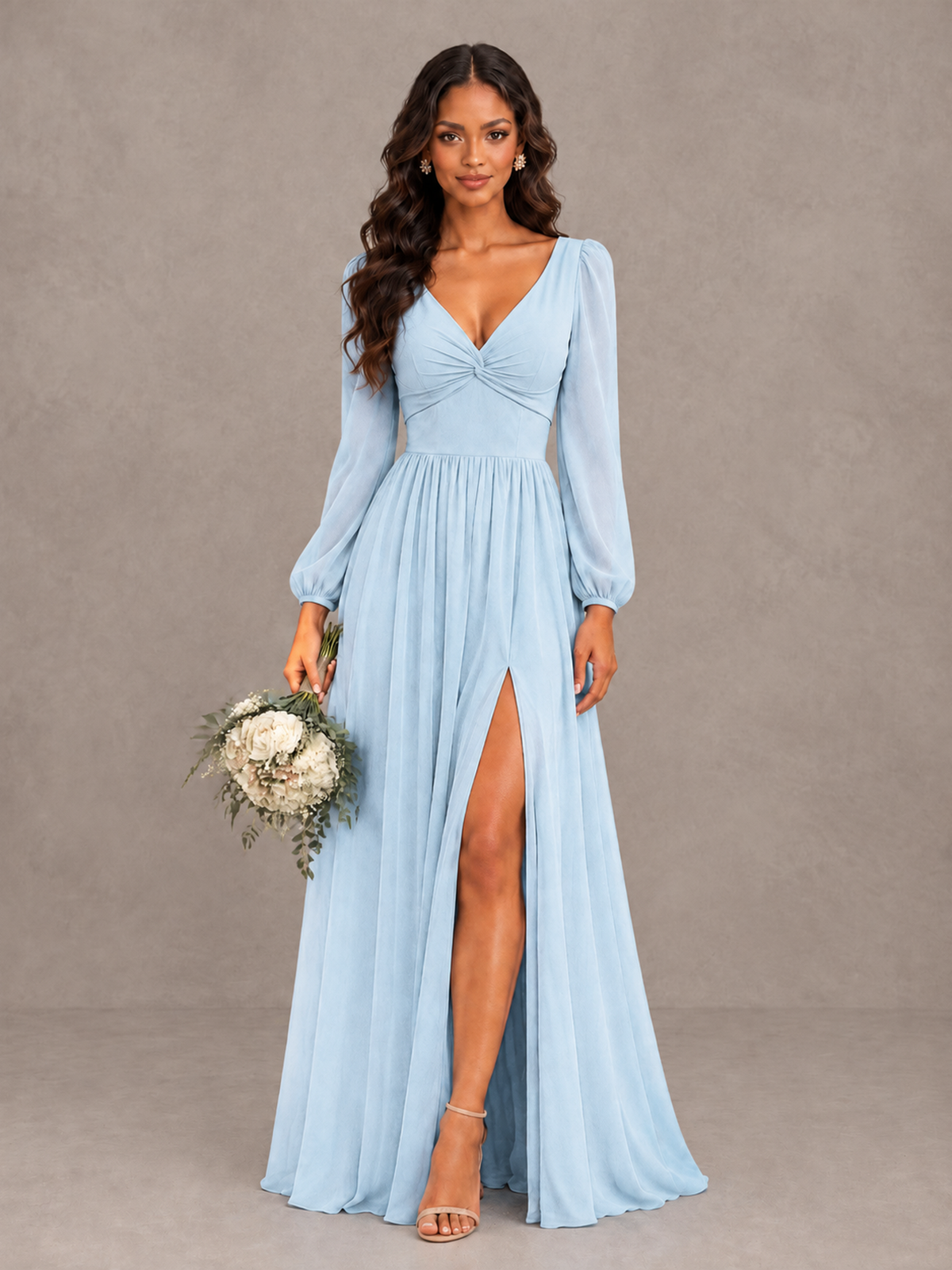 BOLODOO Light Blue V-Neck Long Sleeve Bridesmaid Dress with Tie Back and Slit - Light Blue - Light Blue_1
