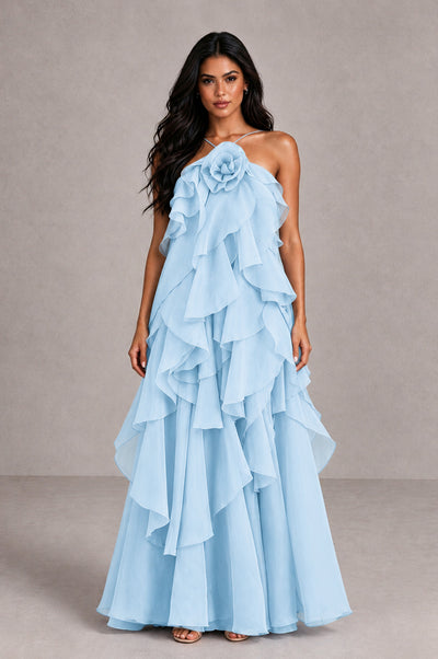 BOLODOO Light Blue Cascading Ruffle Rosette Open-Back Maxi Dress - Light Blue - Light Blue_1