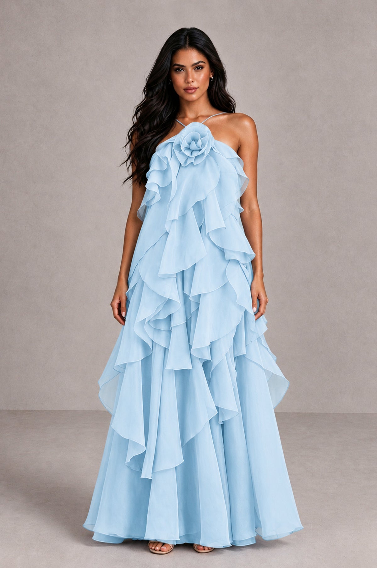 BOLODOO Light Blue Cascading Ruffle Rosette Open-Back Maxi Dress - Light Blue - Light Blue_1