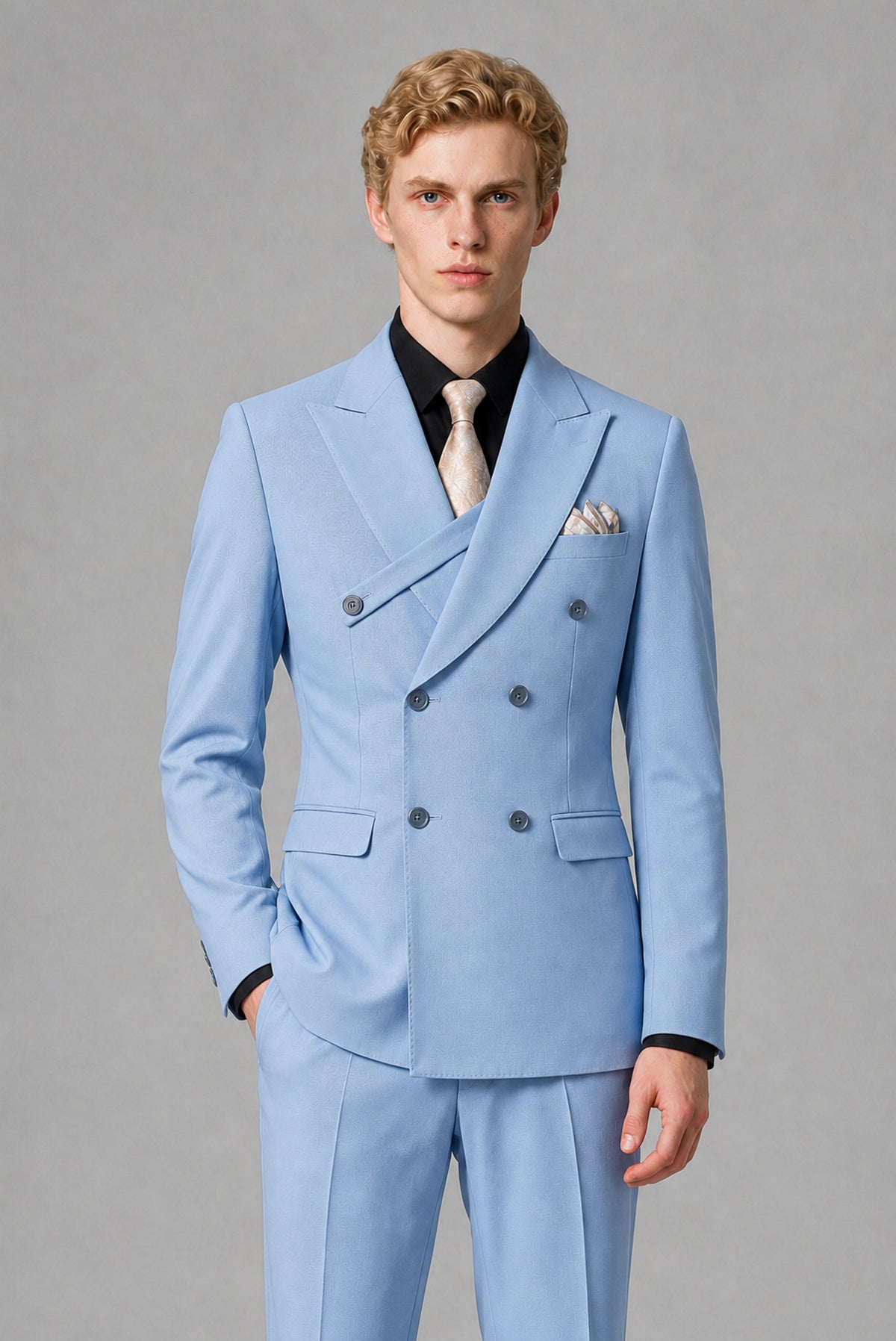 BOLODOO Men's Light Blue Double-Breasted Two-Piece Suit – Jacket & Trousers - Light Blue