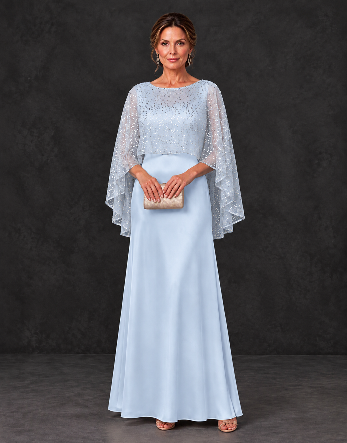 BOLODOO Light Blue Sparkle Cape Sleeve Mother of the Bride Dress - Light Blue - Light_Blue_1