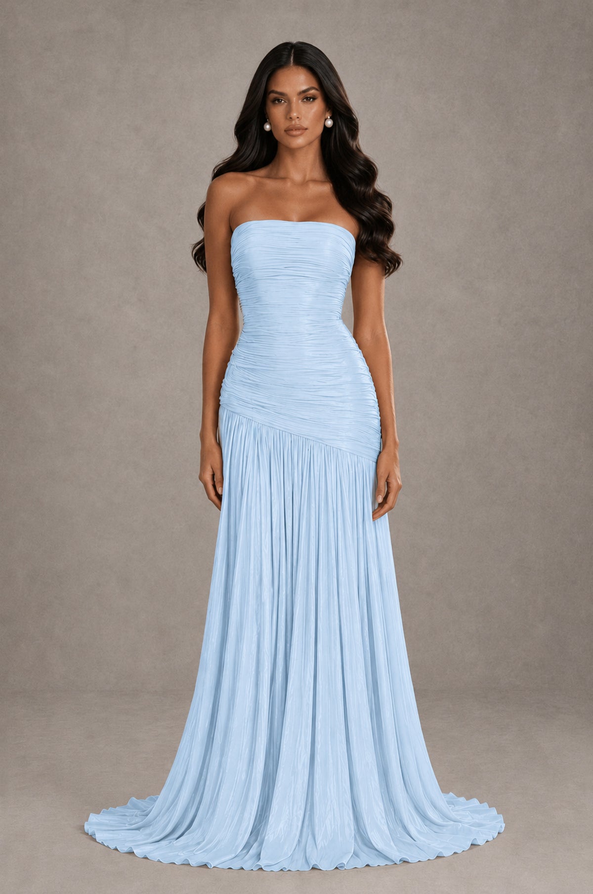 BOLODOO Light Blue Metallic Ruched Strapless Pleated A-Line Backless Maxi Dress with Train - Light Blue - Light Blue_1