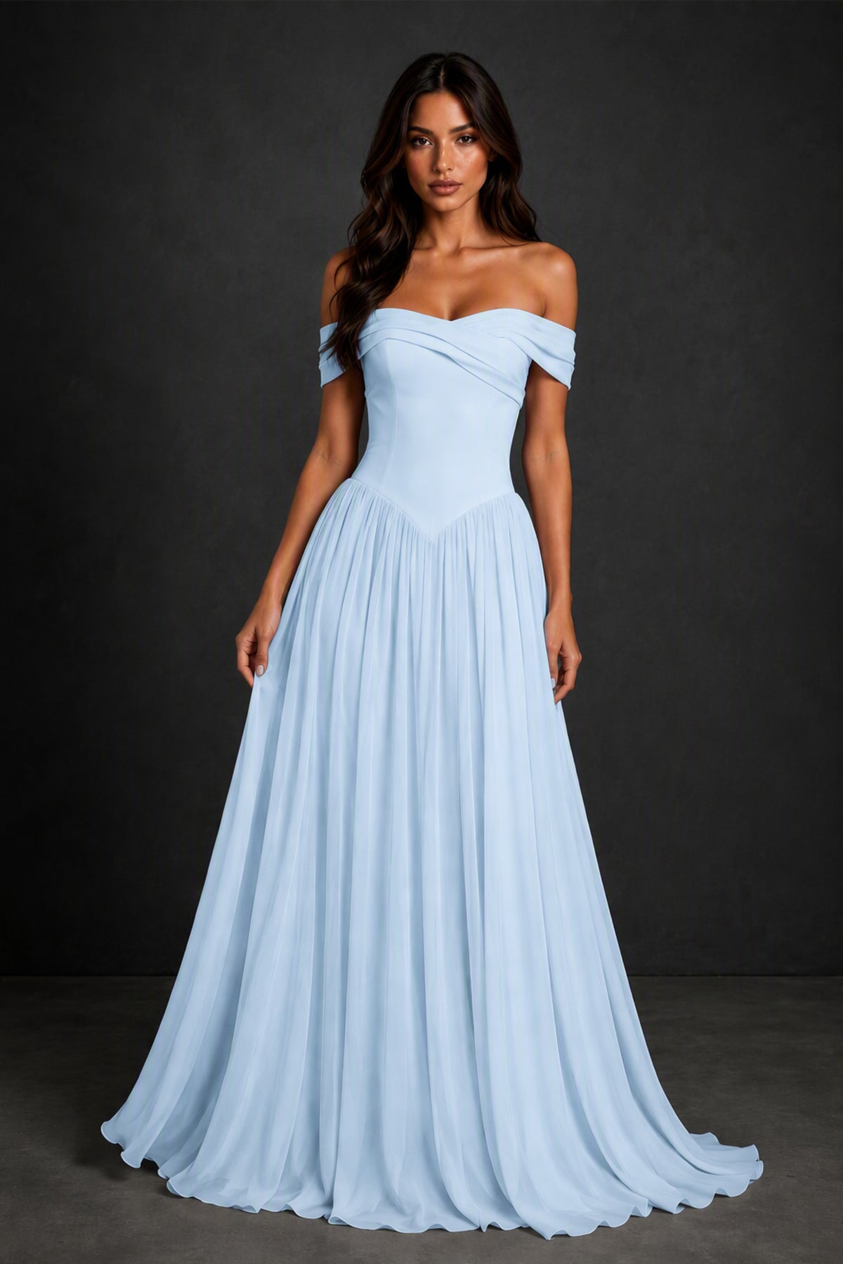 BOLODOO Light Blue Off-Shoulder Sweetheart Corset Pleated Chiffon Maxi Dress - Light Blue