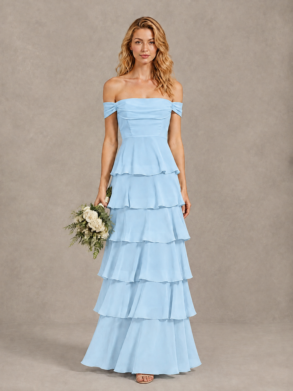 BOLODOO Light Blue Off-Shoulder Tiered Ruffle Bridesmaid Dress with Lace-Up Back - Light Blue - Light Blue_1