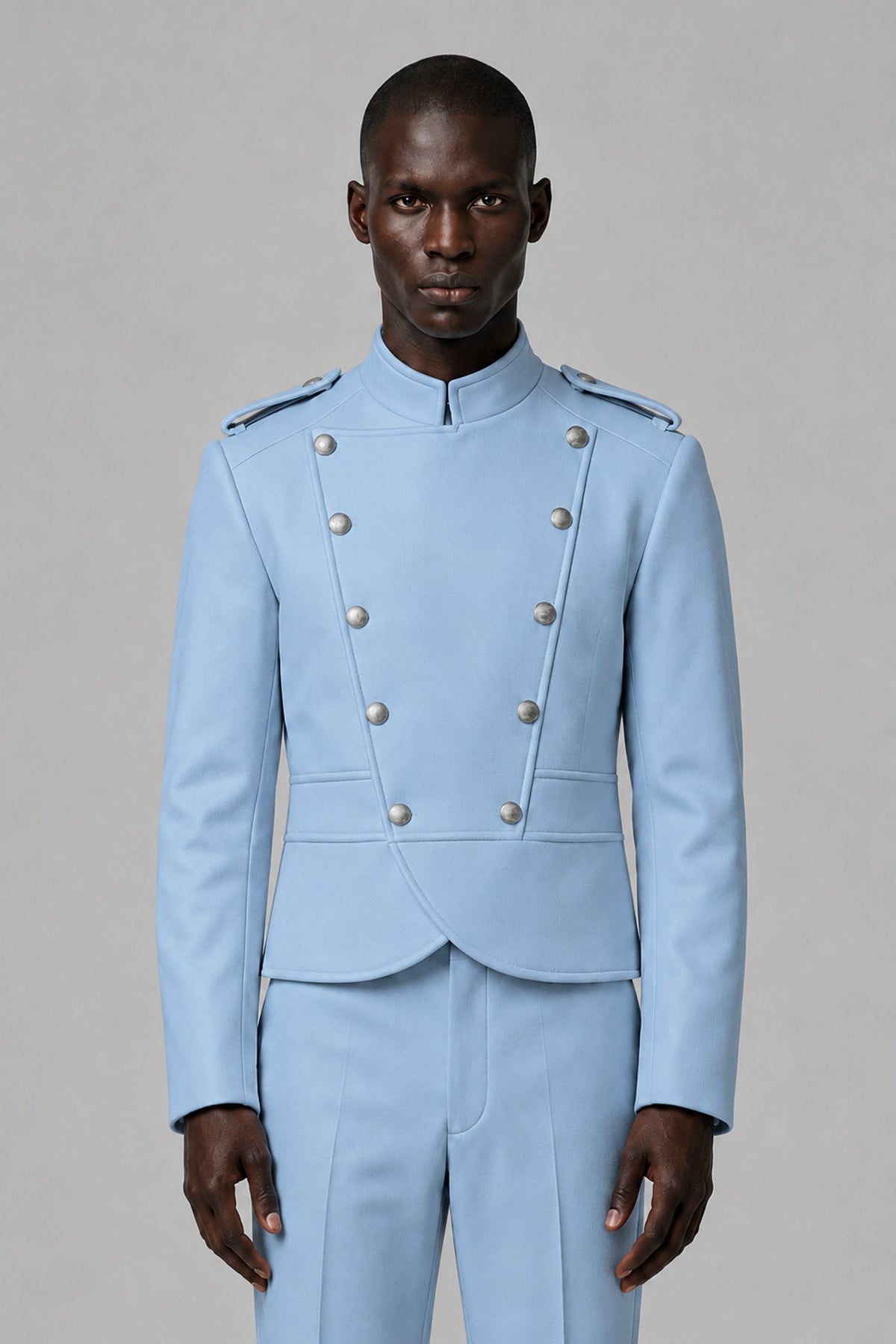 Bolodoo Men's Light Blue Military-Inspired Two-Piece Suit with Stand Collar - Light Blue - Light Blue_1