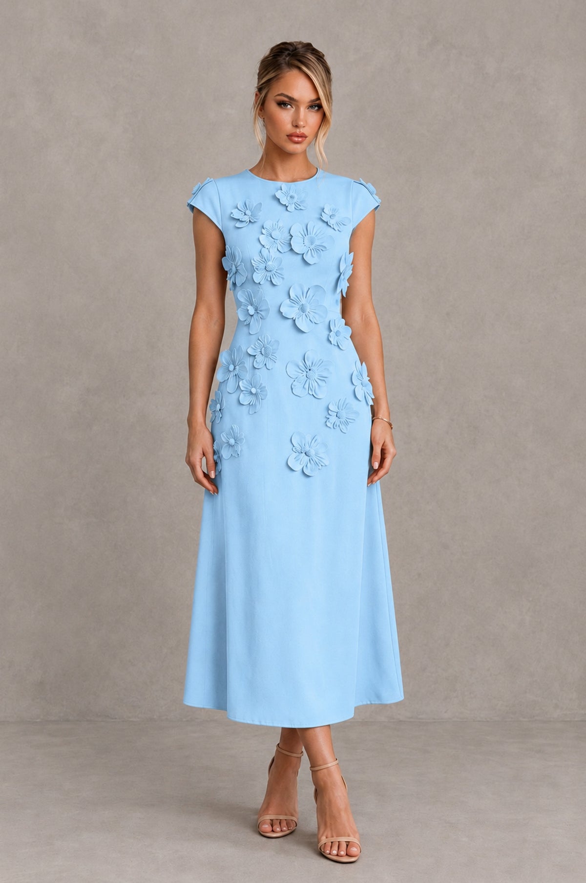 BOLODOO Light Blue 3D Floral Cap Sleeve Midi Cocktail Dress - Light Blue - Light Blue_1