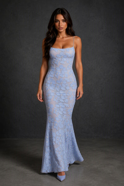 BOLODOO Light Blue Floral Lace Mermaid Maxi Gown – Open Back Spaghetti Strap Formal Dress - Light Blue