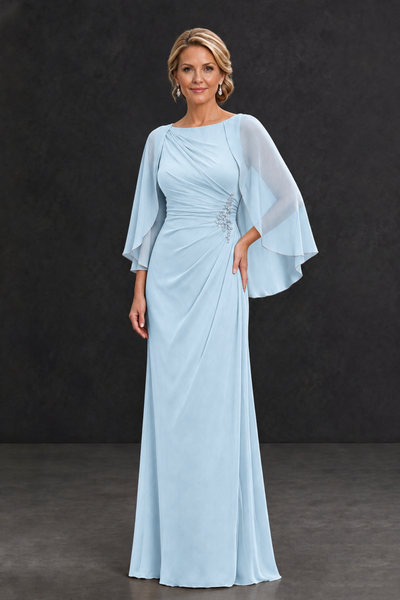 BOLODOO Light Blue Cape Sleeve Mother of the Bride Dress with Ruched Waist - Light Blue - Light Blue_1