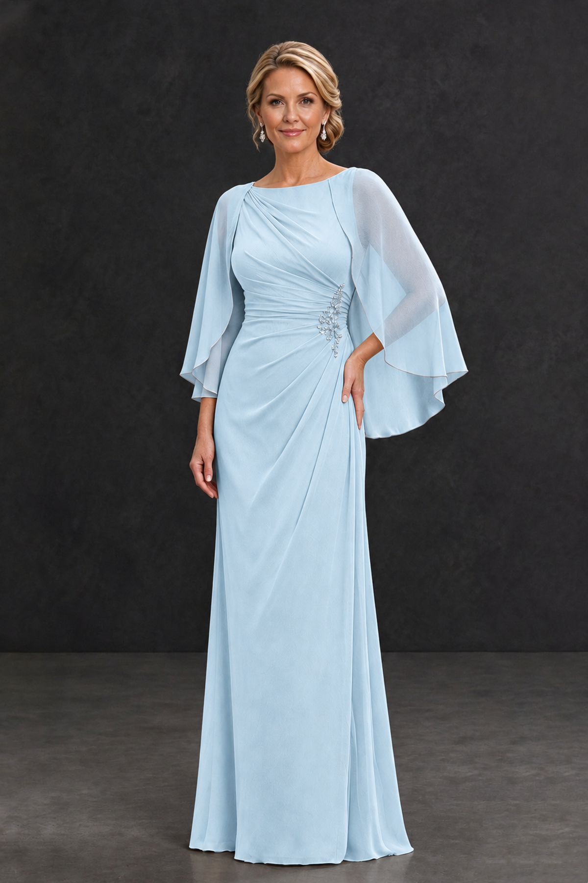 BOLODOO Light Blue Cape Sleeve Mother of the Bride Dress with Ruched Waist - Light Blue - Light Blue_1