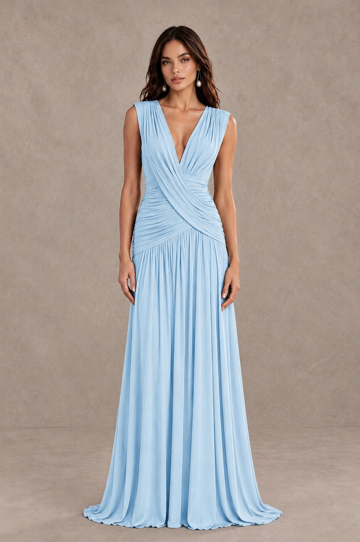 BOLODOO Light Blue V-Neck Ruched Wedding Guest Dress - Light Blue - Light Blue_1