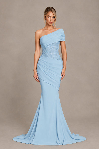BOLODOO Light Blue One-Shoulder Sequin Embroidered Ruched Mermaid Gown with Train - Light Blue - Light Blue_1