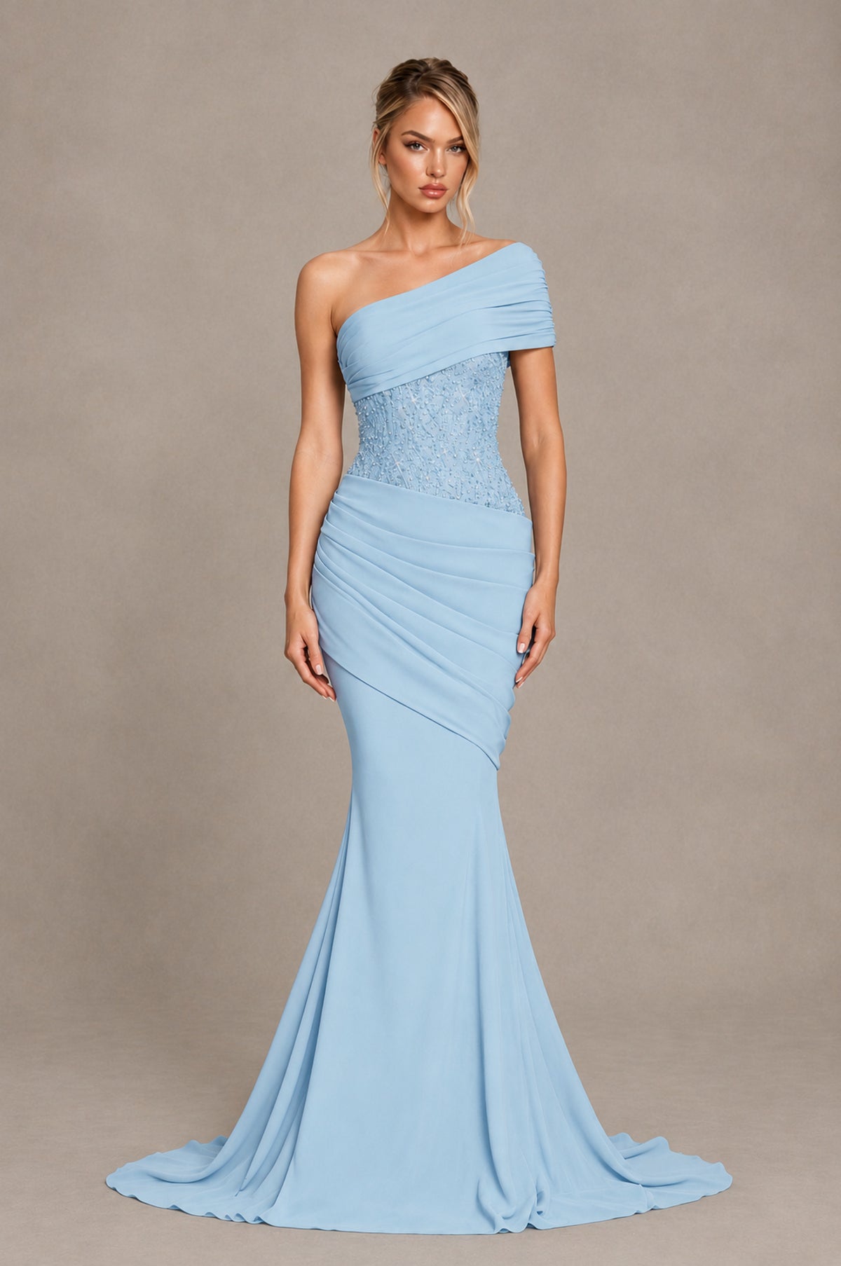 BOLODOO Light Blue One-Shoulder Sequin Embroidered Ruched Mermaid Gown with Train - Light Blue - Light Blue_1