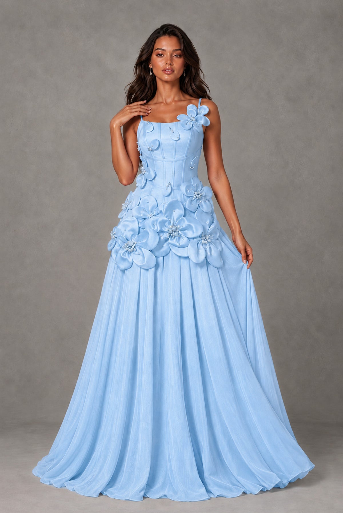 BOLODOO Light Blue 3D Floral Appliqué Floor-Length A-Line Evening Gown - Light Blue