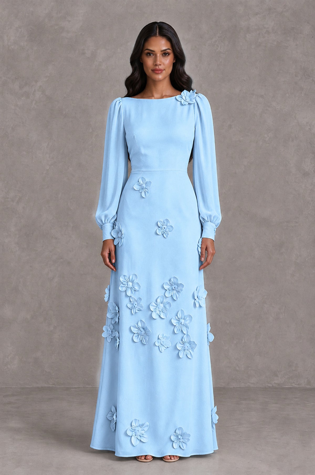 BOLODOO Light Blue Long Sleeve Floral Applique A-Line Evening Dress - Light Blue - Light Blue_1