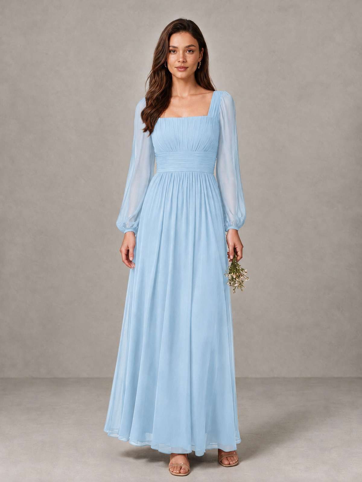 BOLODOO Light Blue Square Neck Long Sleeve Chiffon Bridesmaid Dress - Light Blue - Light Blue_1