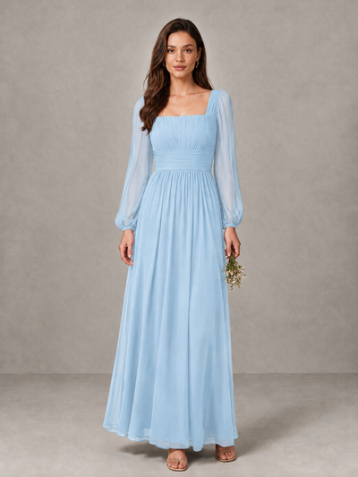 BOLODOO Light Blue Square Neck Long Sleeve Chiffon Bridesmaid Dress - Light Blue - Light Blue_1