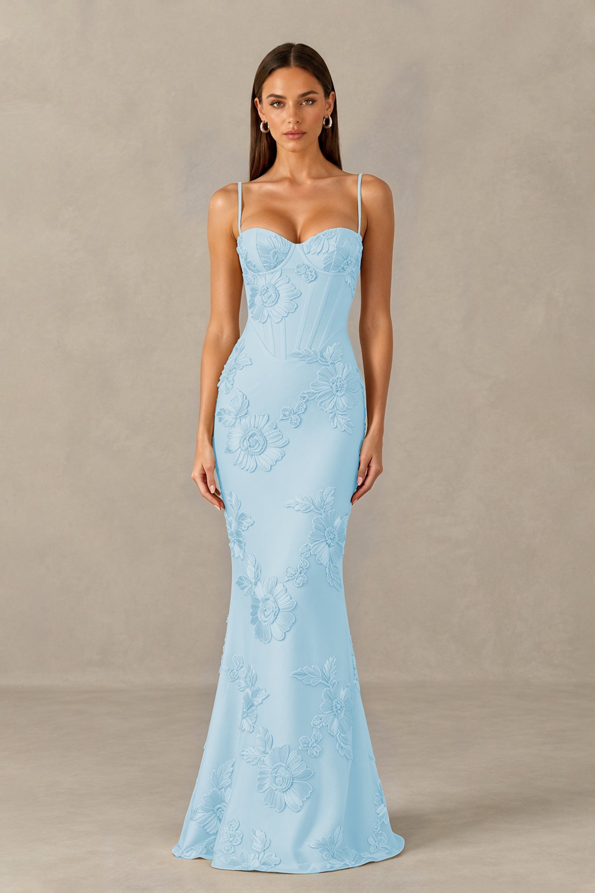 BOLODOO Light Blue Floral Lace-Up Back Mermaid Maxi Dress - Light Blue