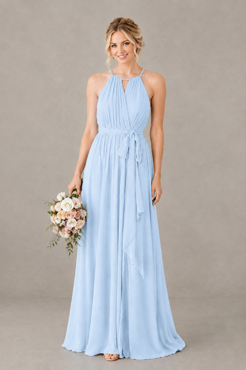 BOLODOO Light Blue Halter Chiffon Bridesmaid Dress with High Slit - Light Blue