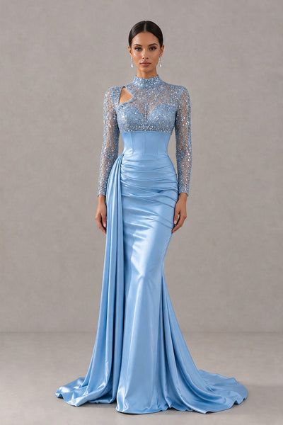 BOLODOO Light Blue Long Sleeve Embellished Satin Mermaid Evening Gown - Light Blue - Light Blue_1