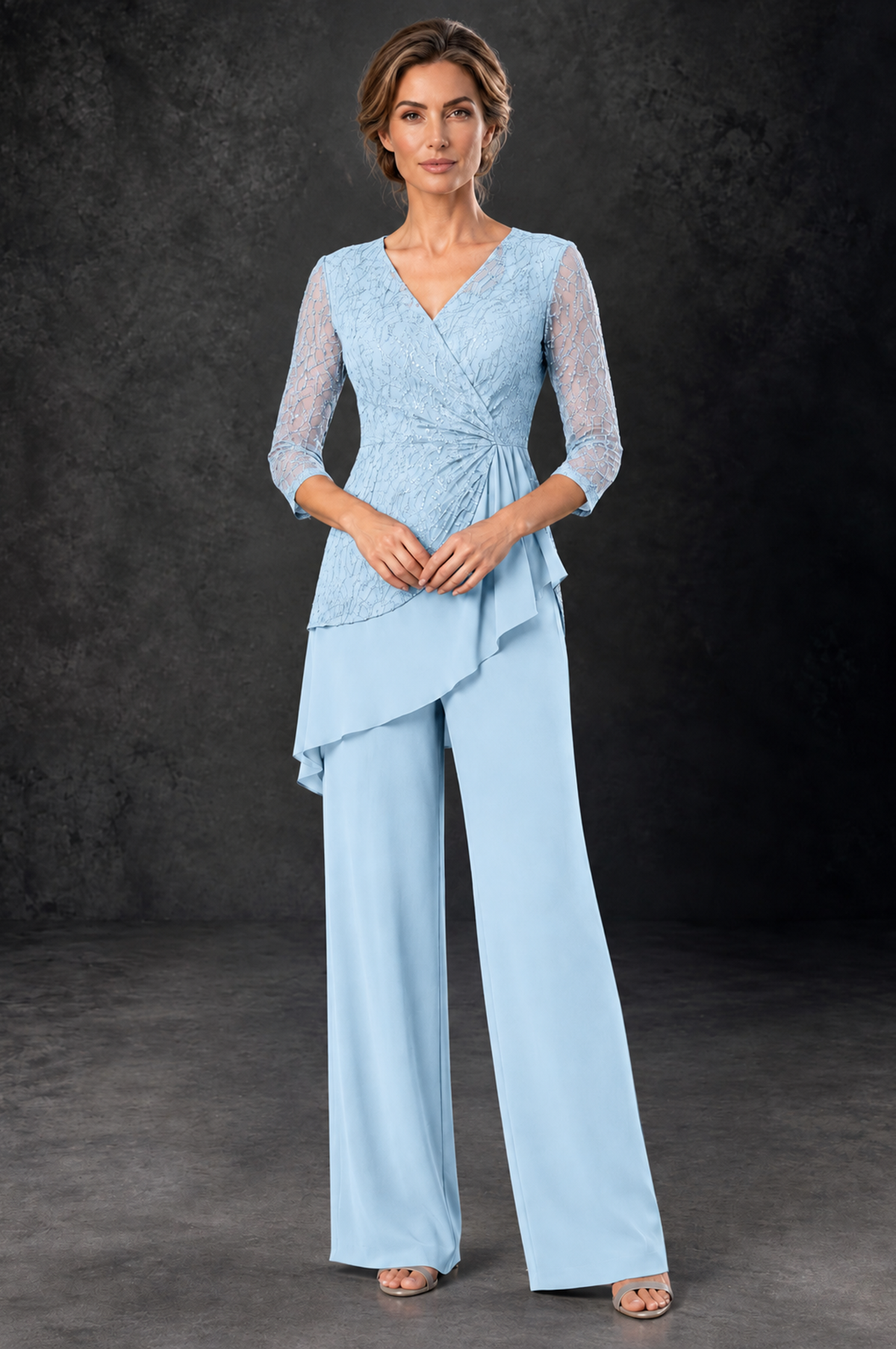 BOLODOO Light Blue Sequin Lace 3/4 Sleeve Chiffon Mother of the Bride Pant Suit - Light Blue - Light_Blue_1