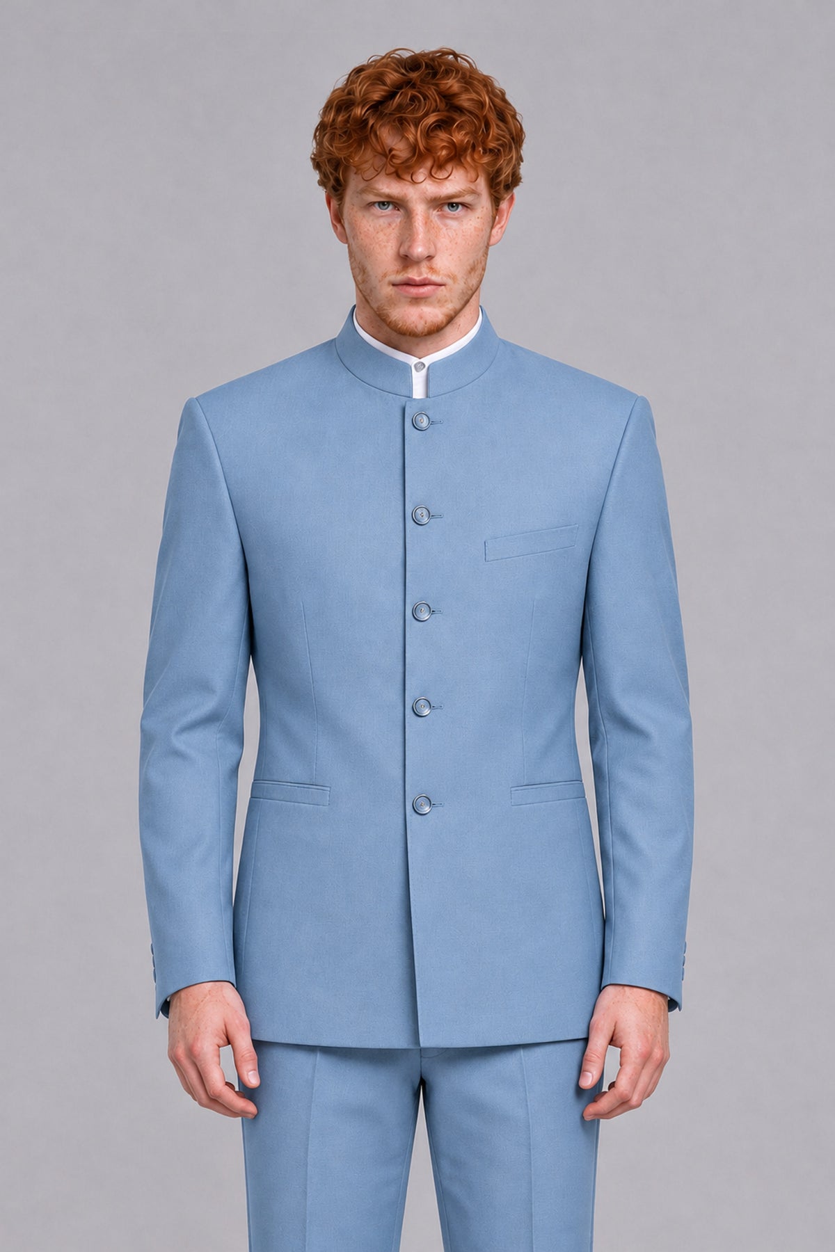 BOLODOO Men's Light Blue Mandarin Collar Two-Piece Suit - Light Blue - Light Blue_1