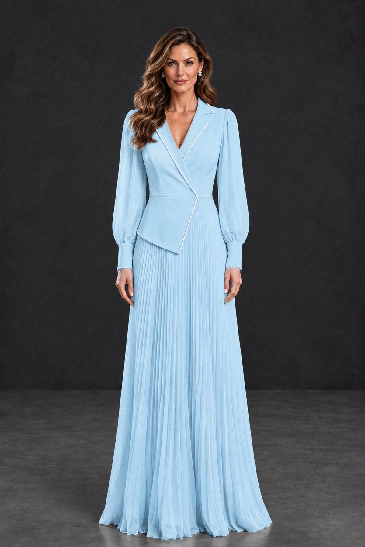 BOLODOO Light Blue Long Sleeve Pleated Mother of the Bride Dress - Light Blue - Light Blue_1
